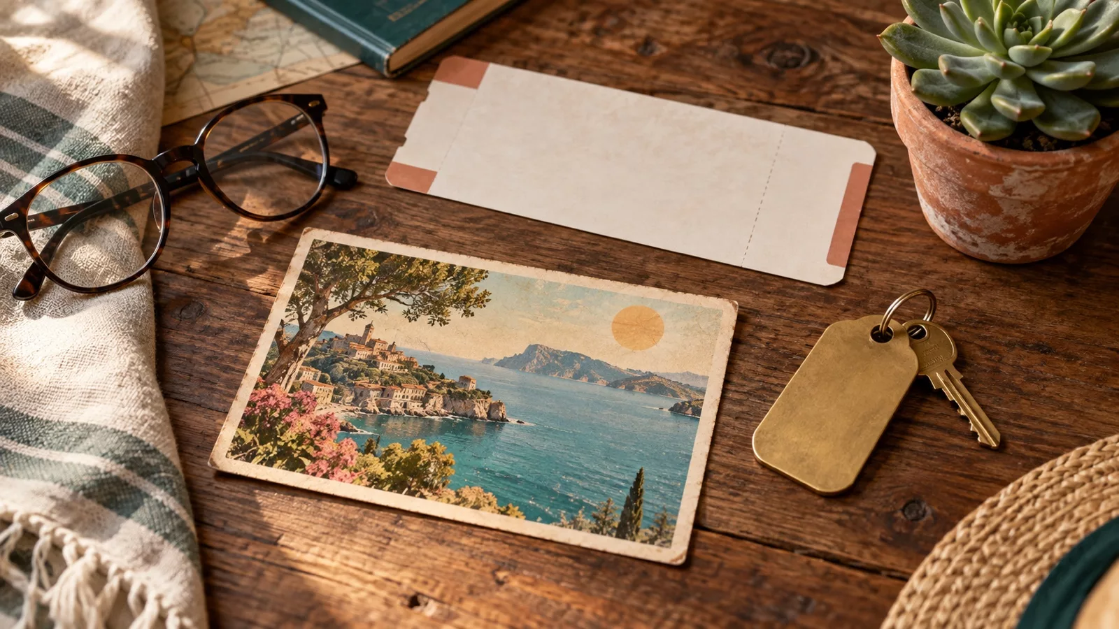 A travel desk with a postcard, boarding pass and hotel room key, laid out for a resort getaway